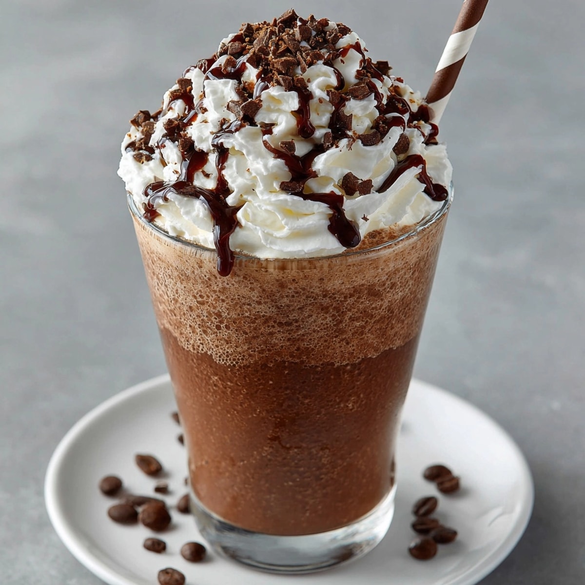 Iced Mocha Frappe Espresso Beans topped with whipped cream and crunchy espresso bean pieces