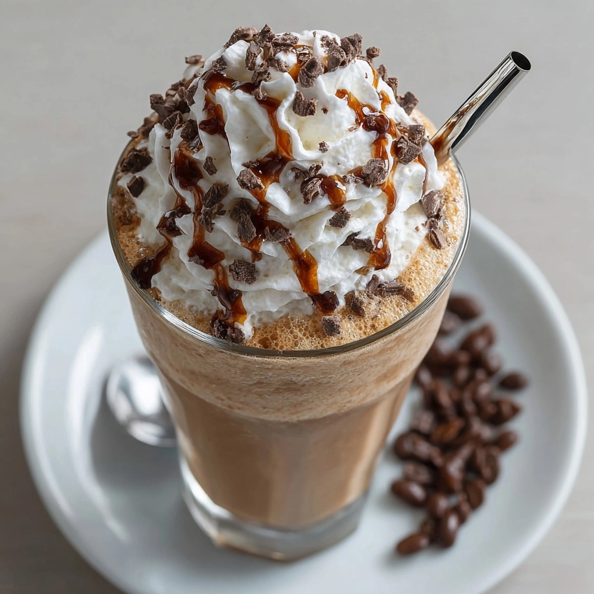 Frosty glass of iced mocha frappe espresso beans, perfect for a cool coffee treat