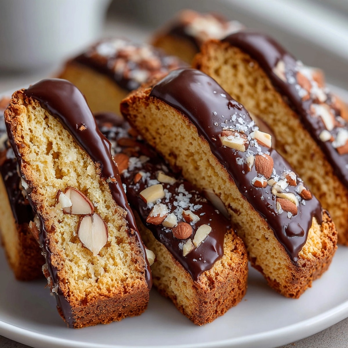 Chocolate Dipped Almond Biscotti arranged on a plate, showcasing glossy chocolate and crunchy almond texture.