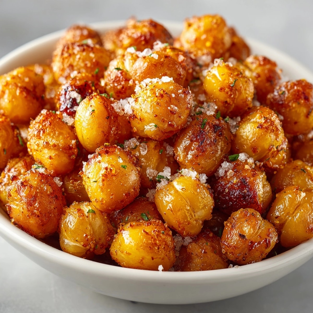 Spicy roasted chickpeas snack piled high on a tray, glistening and golden brown.
