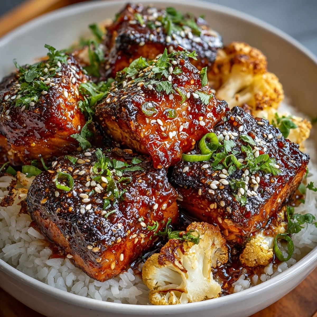 Sriracha Honey Salmon Bowls with glazed salmon, roasted cauliflower, and jasmine rice, topped with fresh herbs.