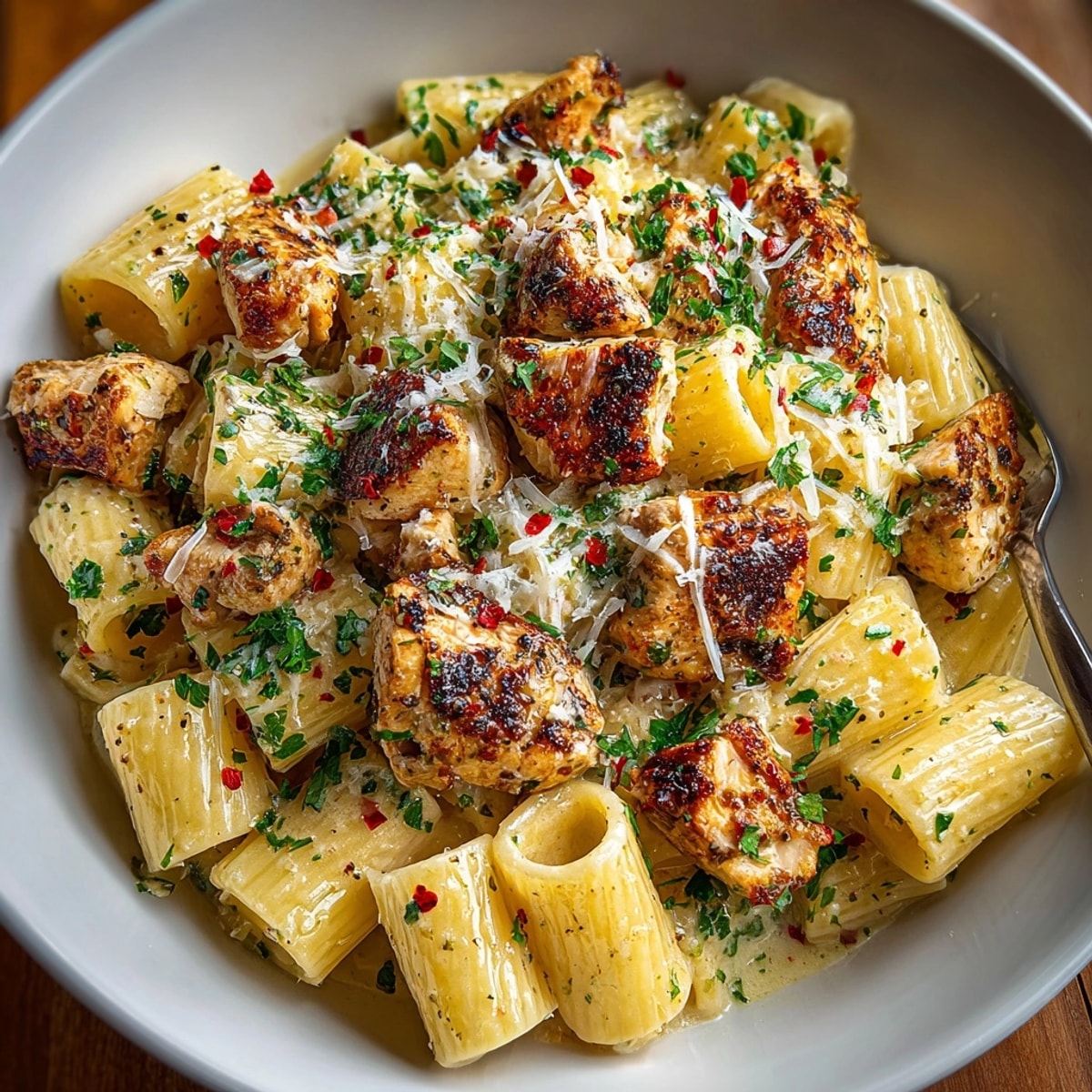 Garlic Butter Chicken Rigatoni Parmesan served piping hot, garnished with fresh parsley and melting Parmesan.