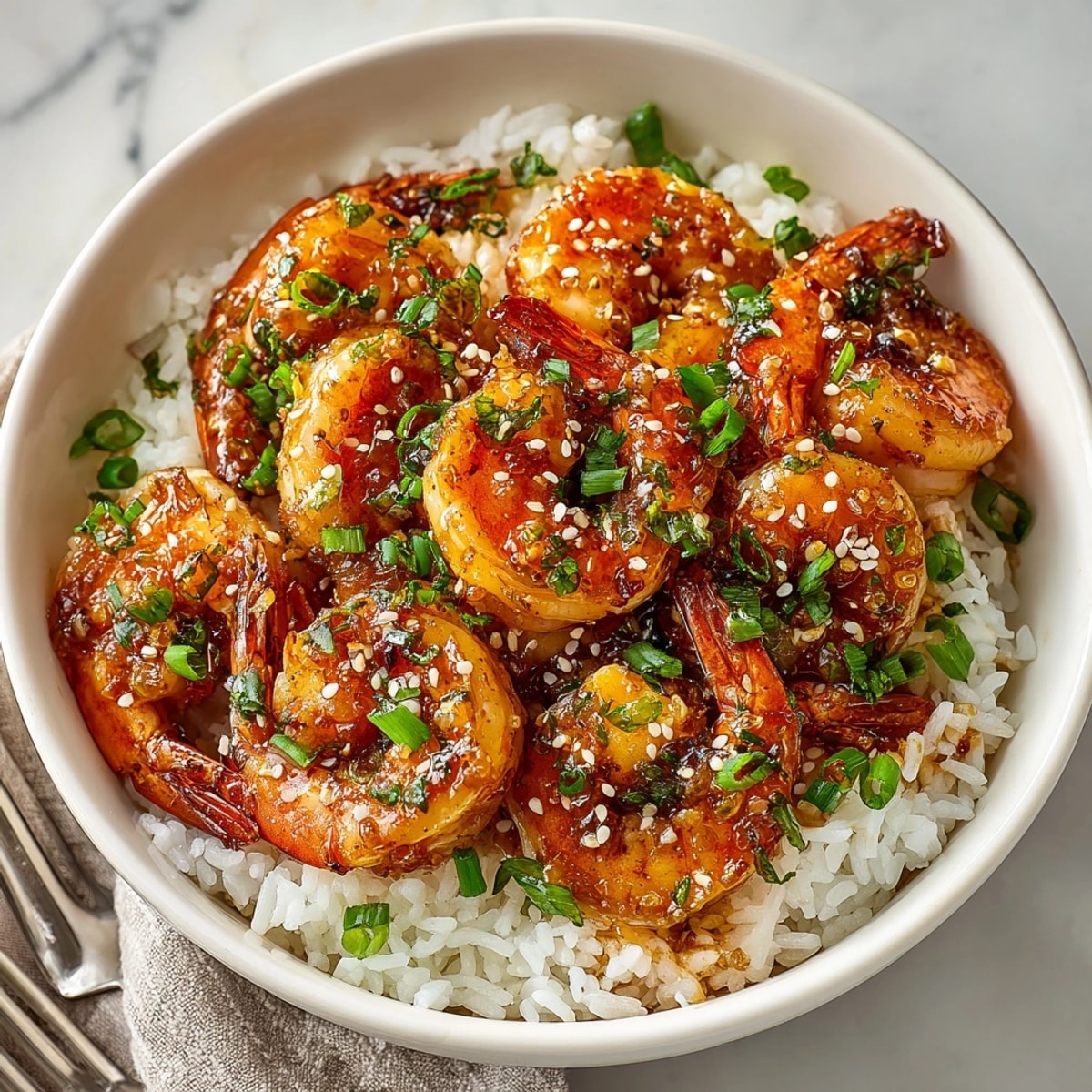Honey garlic shrimp served atop fluffy rice, glistening with a savory-sweet glaze and sesame seeds.