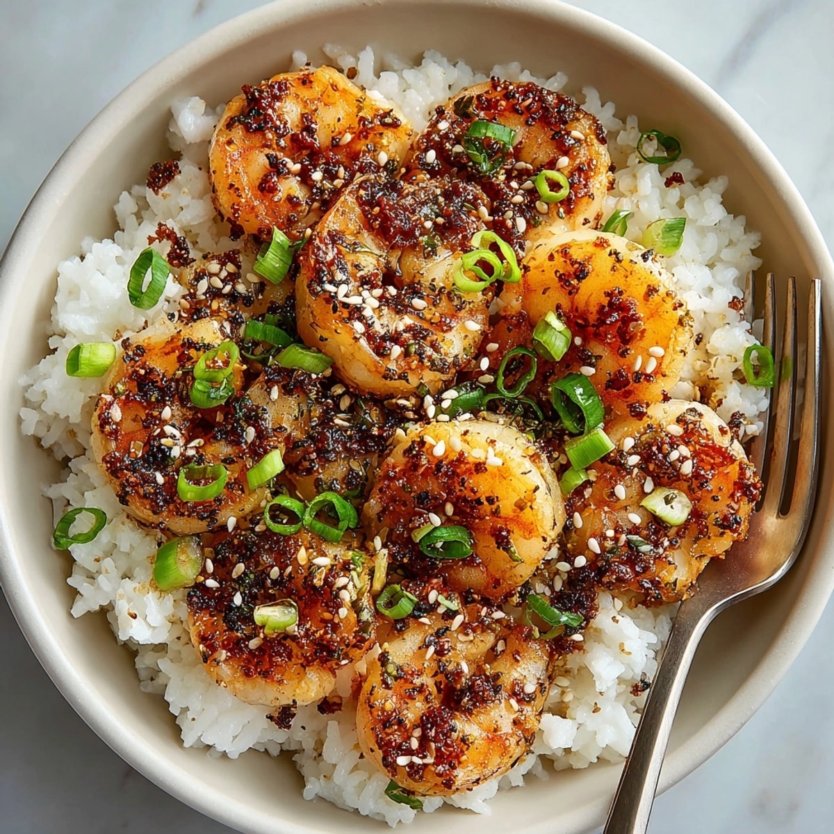 Close-up of honey garlic shrimp coating tender rice, finished with fresh green onion and sesame seed sprinkles.