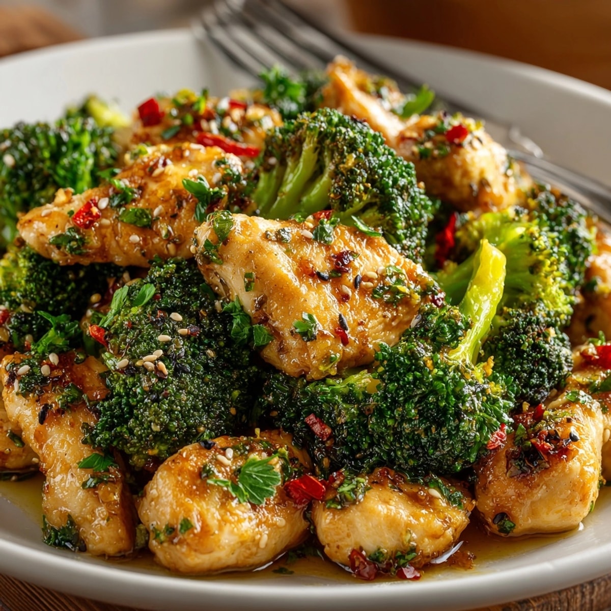 Garlic Butter Chicken Broccoli served hot in a skillet, juicy chicken and crisp broccoli glistening.
