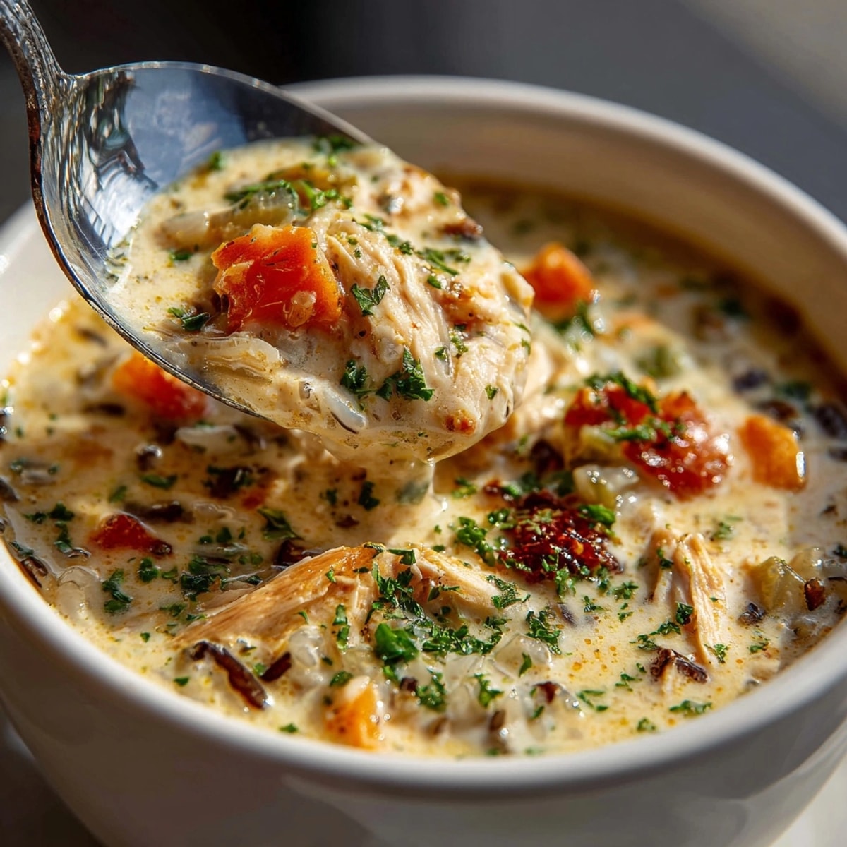 Creamy chicken wild rice soup in a rustic bowl, garnished with fresh parsley and steaming hot.