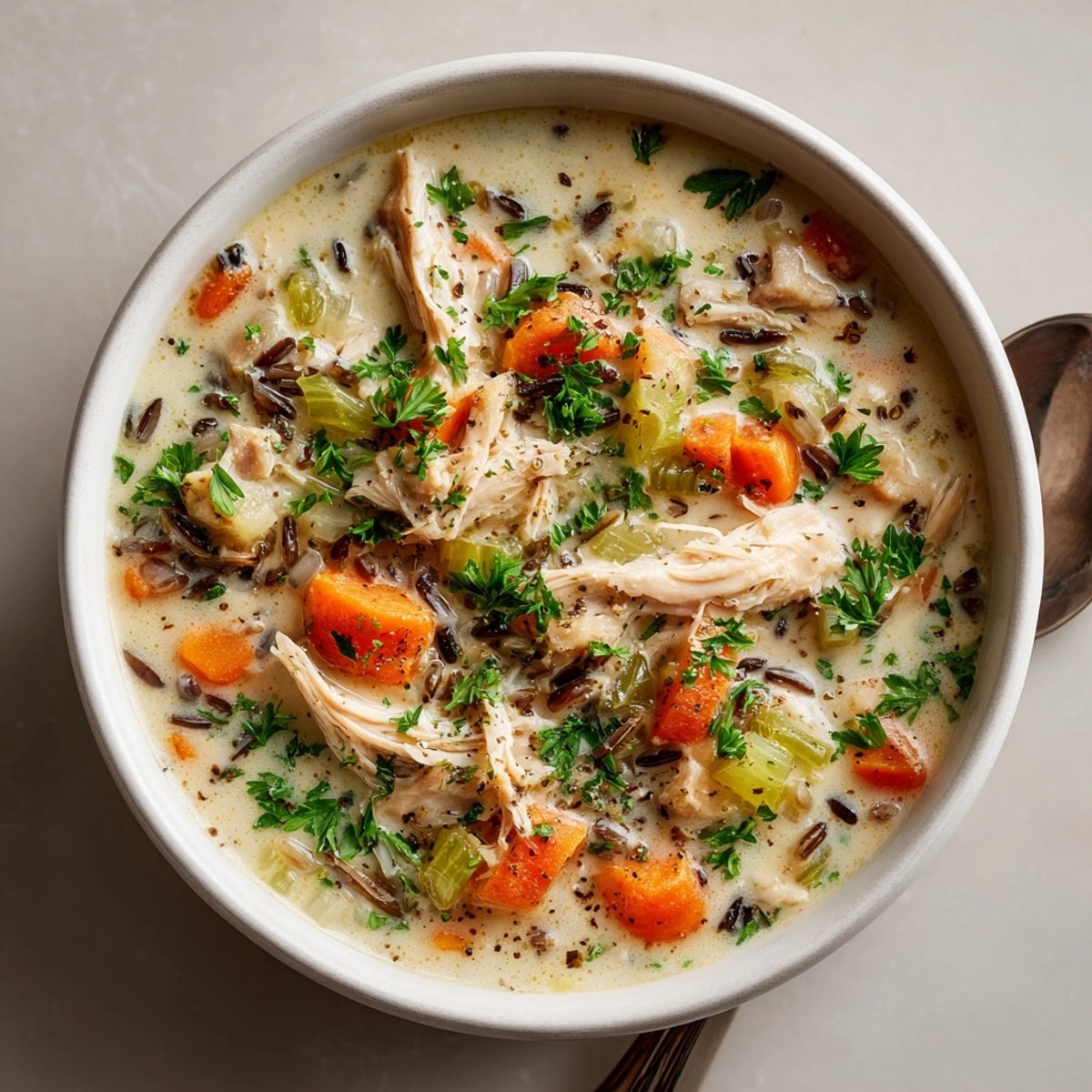 Close-up of creamy chicken wild rice soup, loaded with tender chicken, wild rice, and vibrant vegetables.