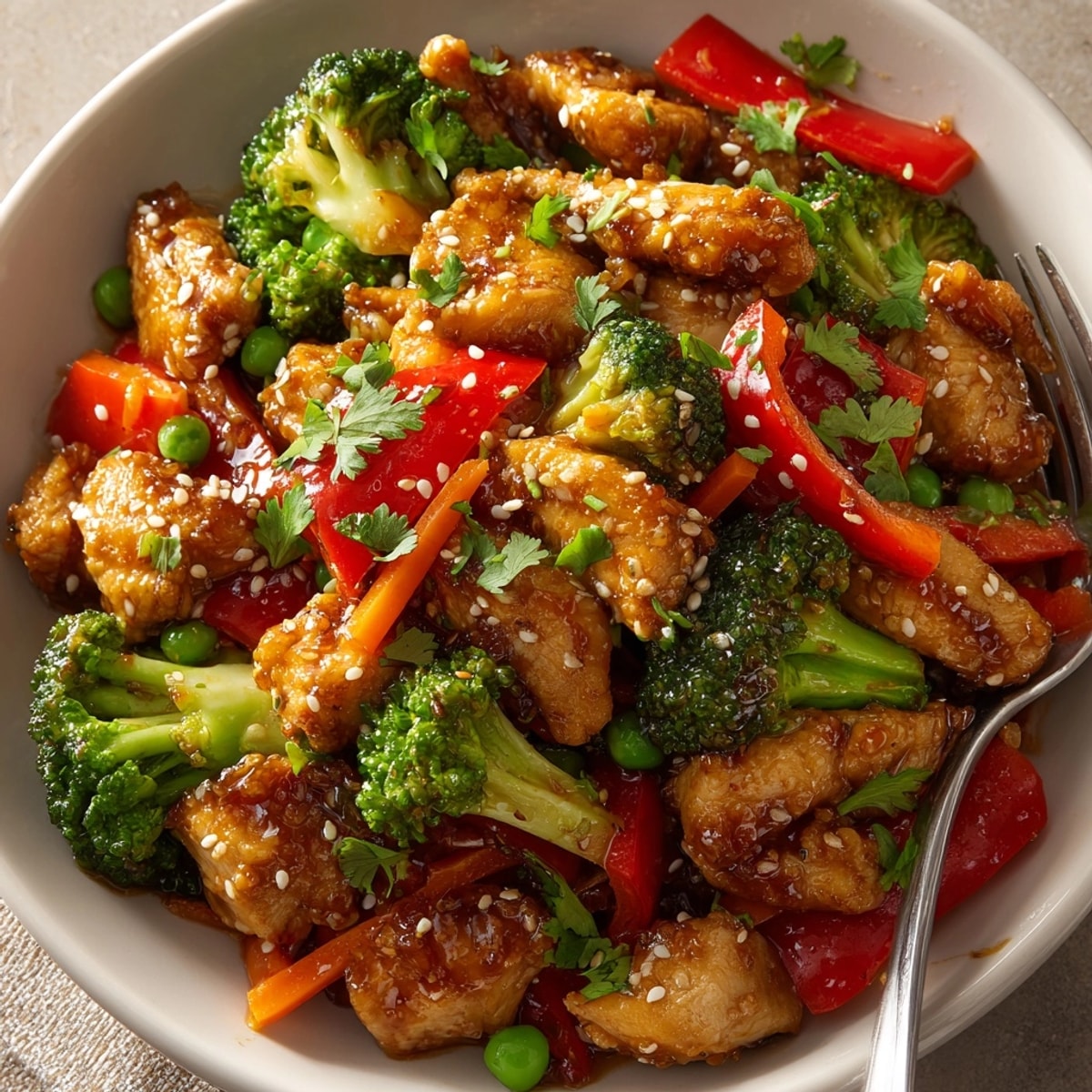 No-Fuss 20-Minute Stir-Fry served in a white bowl, colorful with crisp vegetables and tender protein.