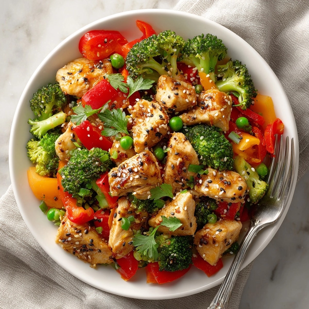 Hearty No-Fuss 20-Minute Stir-Fry featuring juicy chicken, bright red peppers, and glistening savory sauce.