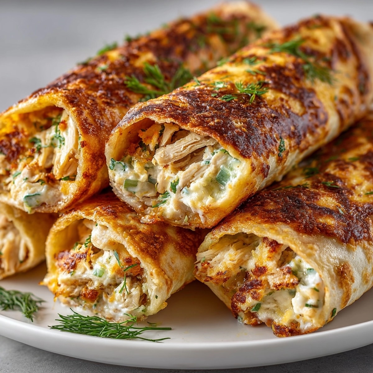 A close-up of golden and crispy Dill Pickle Ranch Chicken Taquito Roll-Ups, ready to devour.