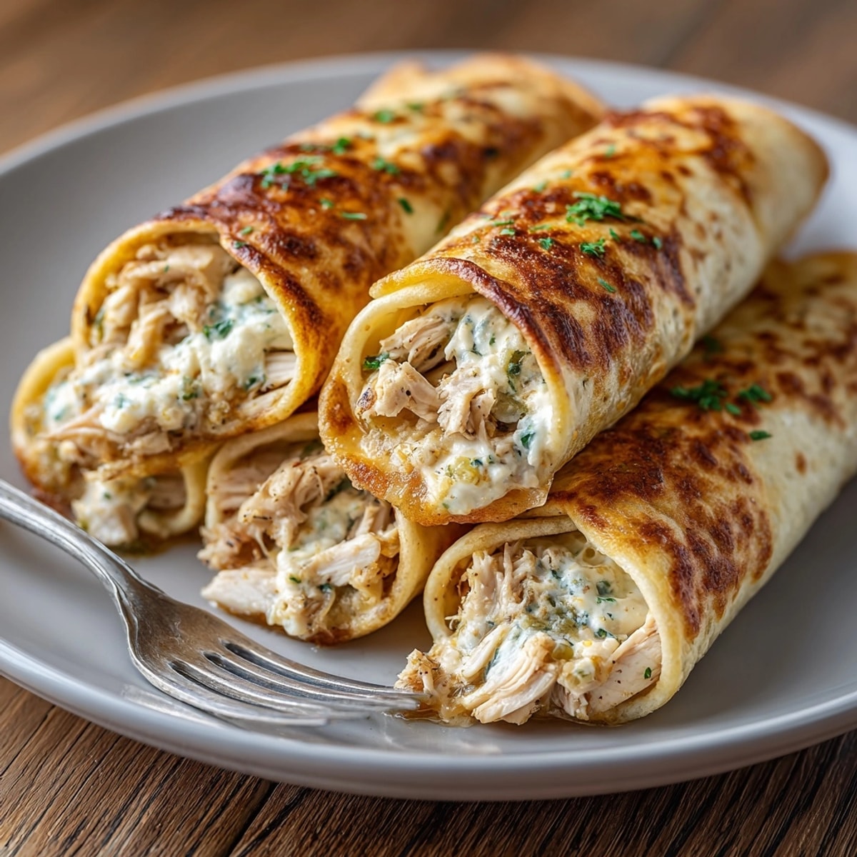 Oven-baked Dill Pickle Ranch Chicken Taquito Roll-Ups with melted cheese and pickle bits perfectly visible.