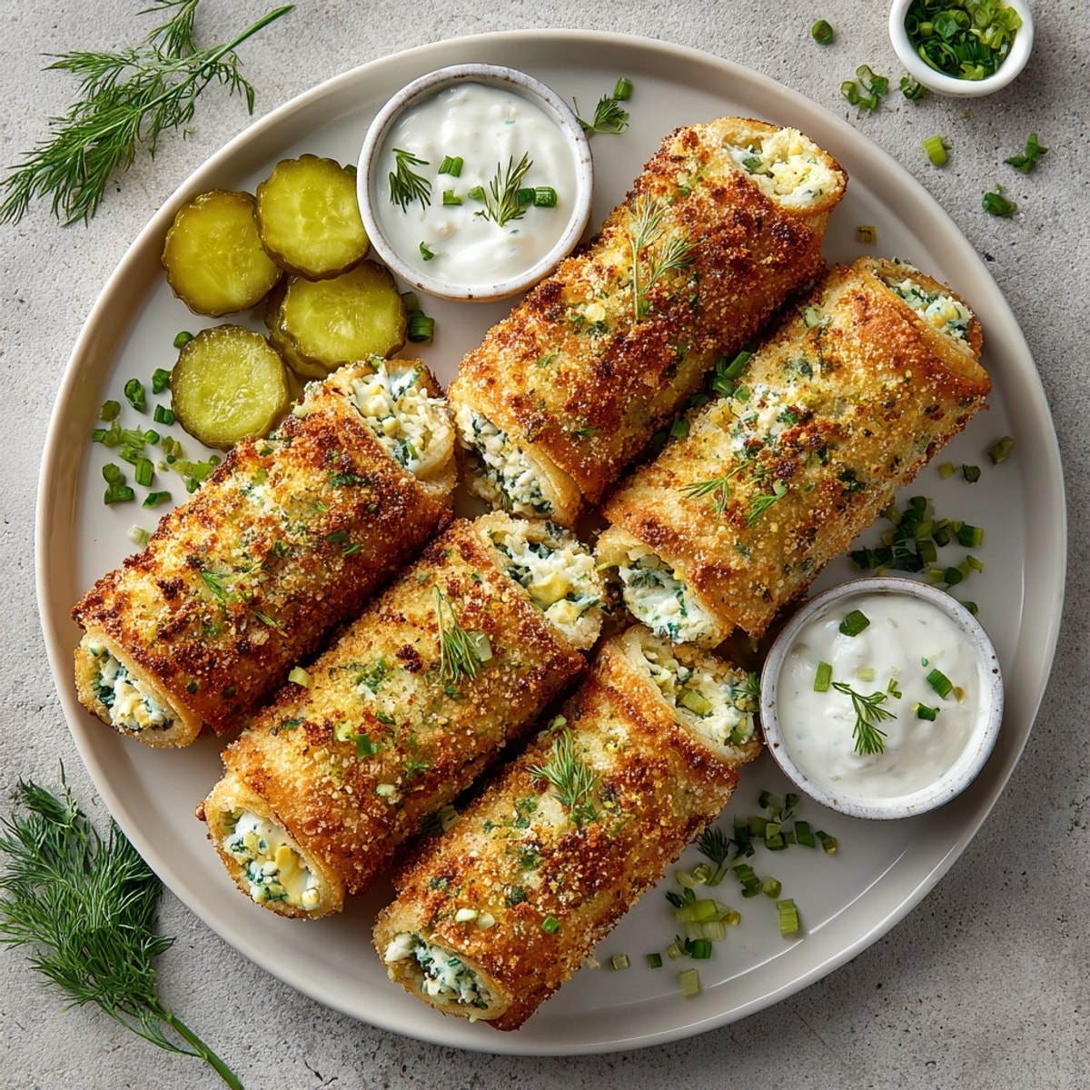 Appetizing, rolled Dill Pickle Ranch Chicken Taquito Roll-Ups showing off a delicious cheese filled center and crispy exterior.