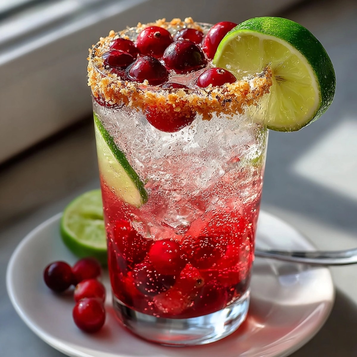 Cream soda cranberry fizz, garnished with lime, bursting with cinnamon sugar crunch.