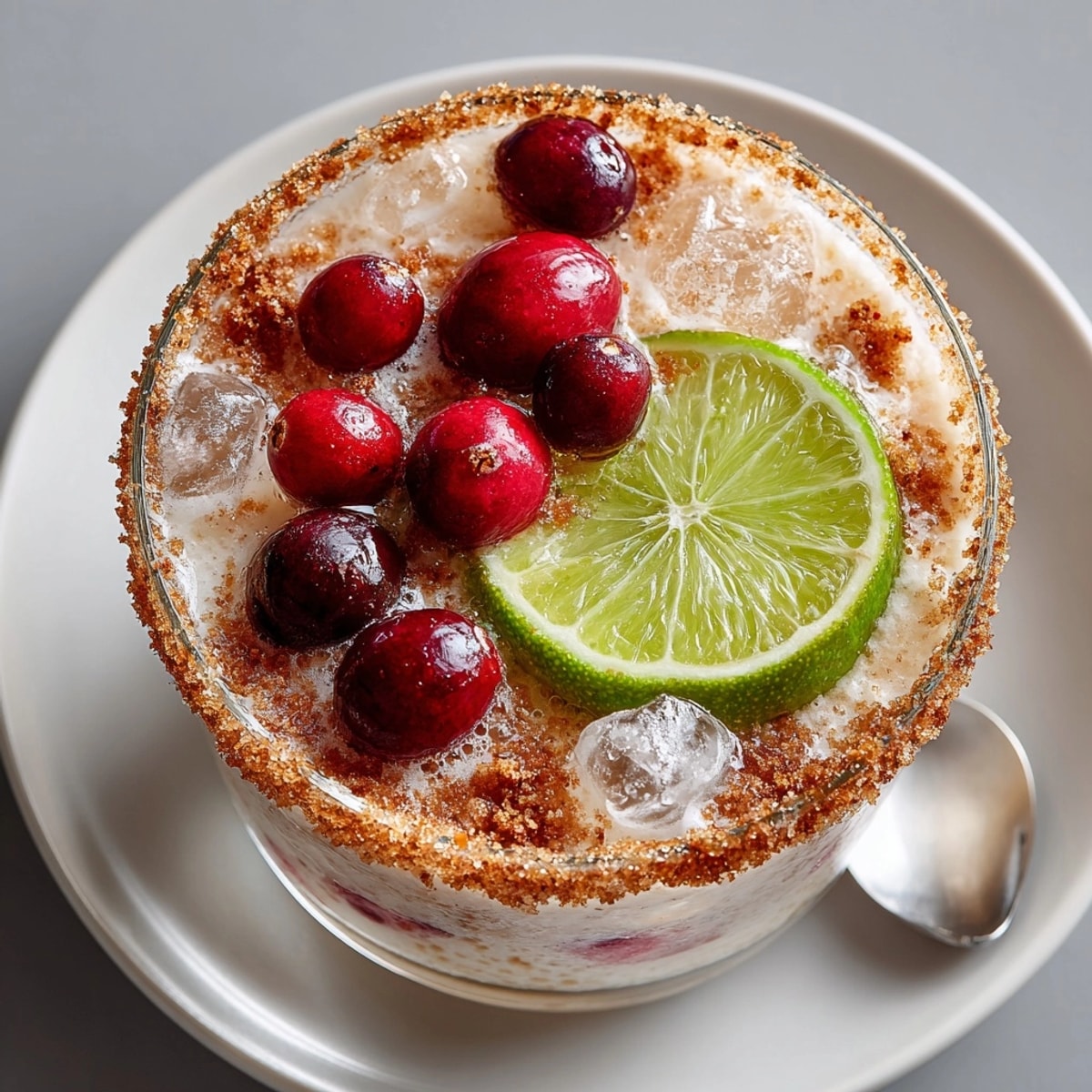 A vibrant glass of chilled Cream Soda Cranberry Fizz featuring a sweet & crispy cinnamon sugar crunch on the rim.