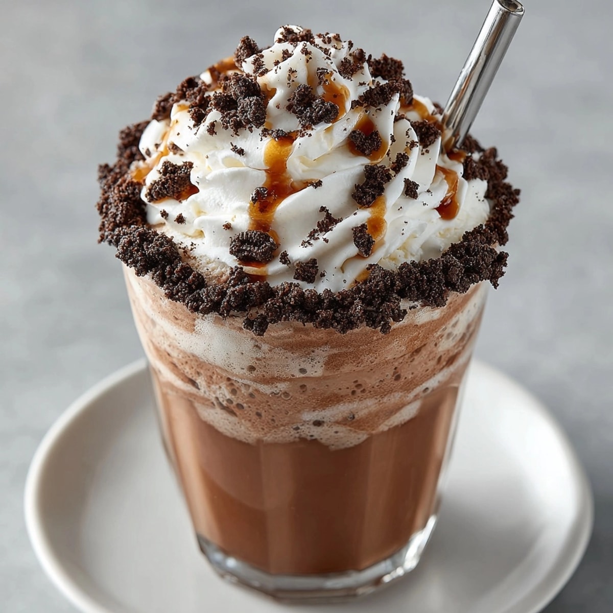Tall glass of Root Beer Cocoa Float, topped with cookie crumble, ready to enjoy!