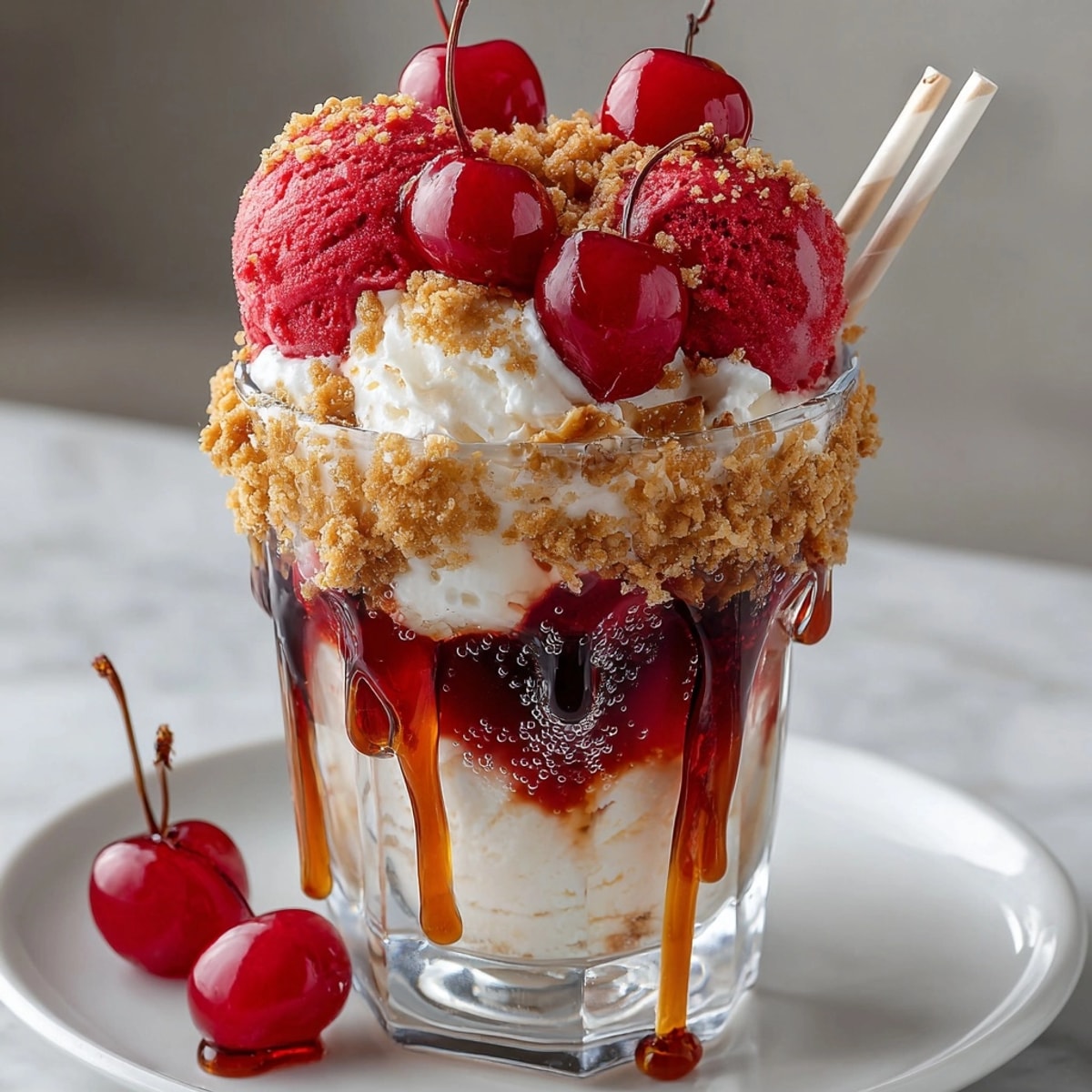 Cherry-Coded Sparkling Cider Float with a crunchy pretzel rim, a delightful festive dessert drink.