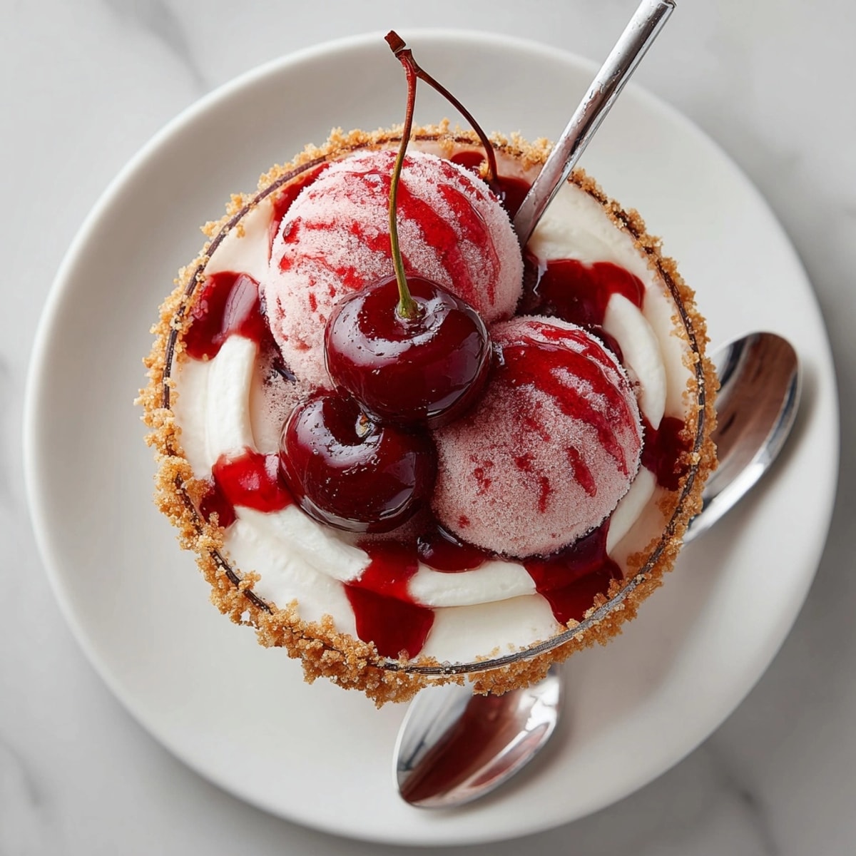 Cold and bubbly Cherry-Coded Sparkling Cider Float, showcasing cherry sorbet and a festive pretzel crust.