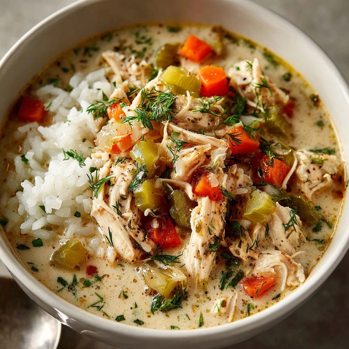 Creamy one-pot Dill Pickle Chicken & Rice Chowder, a hearty, savory taste of home.