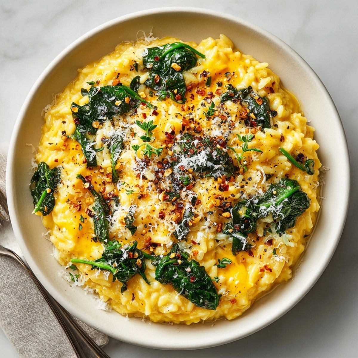 Freshly cooked One-Pot Pumpkin Parmesan Orzo with spinach, sprinkled with extra Parmesan for serving.