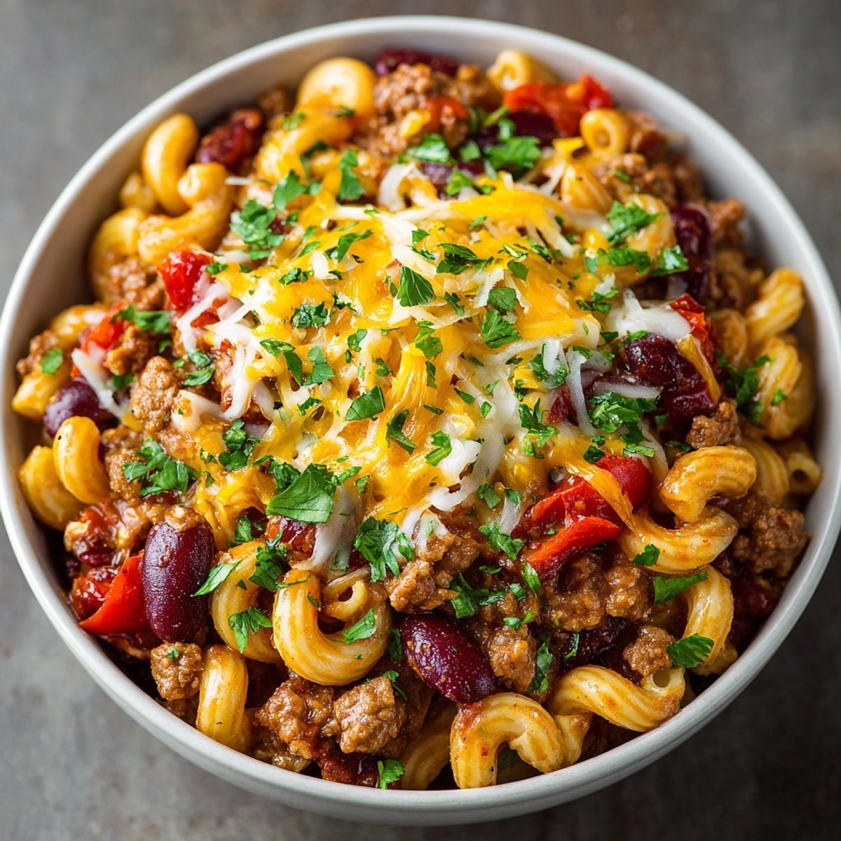 Steaming bowl of One-Pot Cranberry Turkey Chili Mac with melted cheese and fresh cilantro garnish.