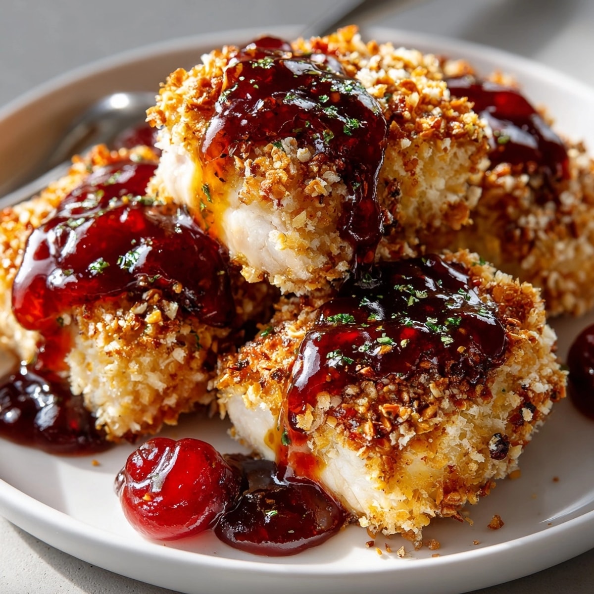 Golden-brown pretzel-crunch baked chicken, ready to enjoy with a sweet cherry mustard drizzle, a family dinner.