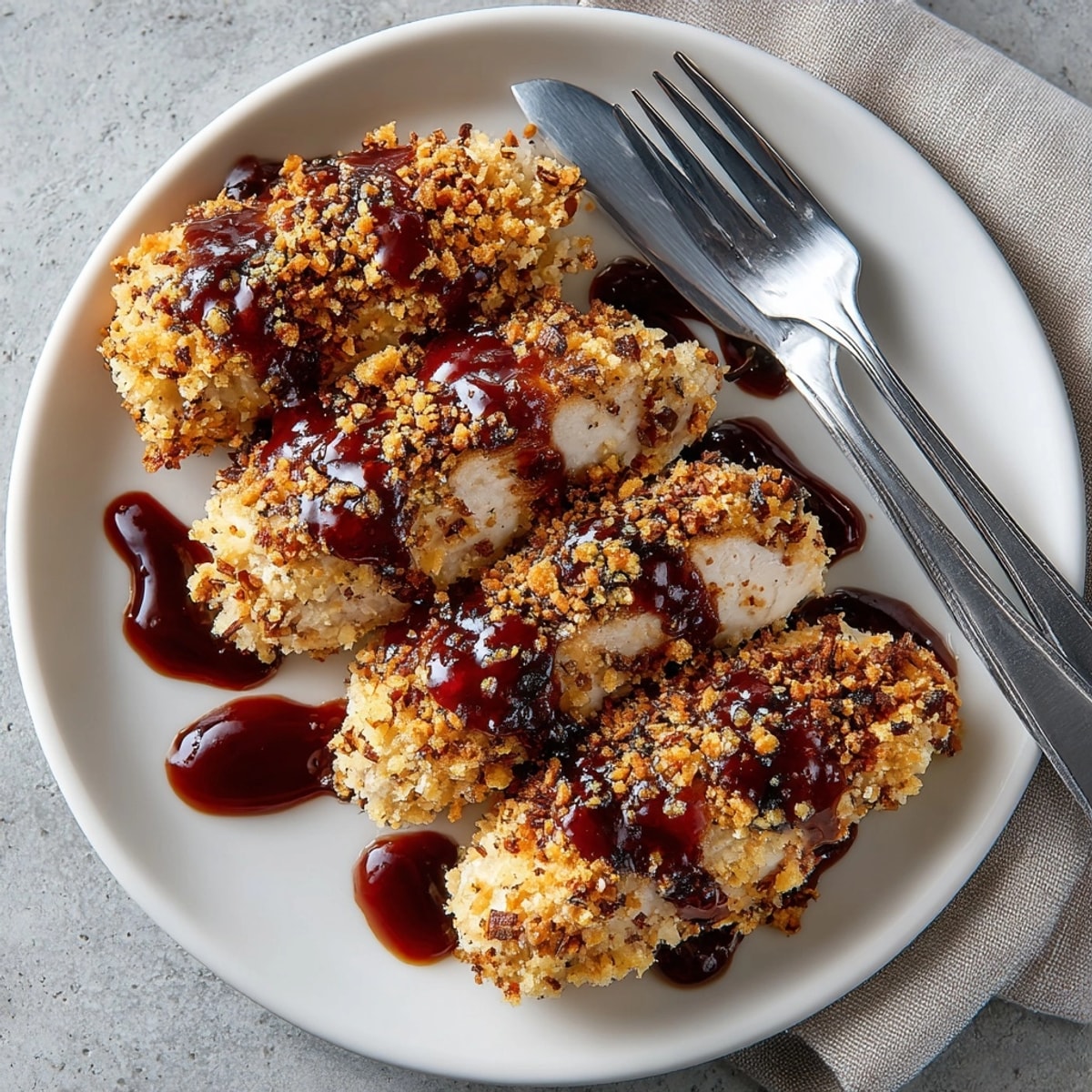 Juicy pretzel-crunch baked chicken is drizzled with cherry mustard, promising a flavorful meal experience with American cuisine.