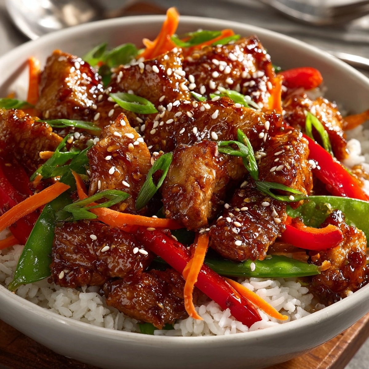 Creamy, glistening Cream Soda Teriyaki Chicken Rice Bowls, a comforting blend of sweet and savory.
