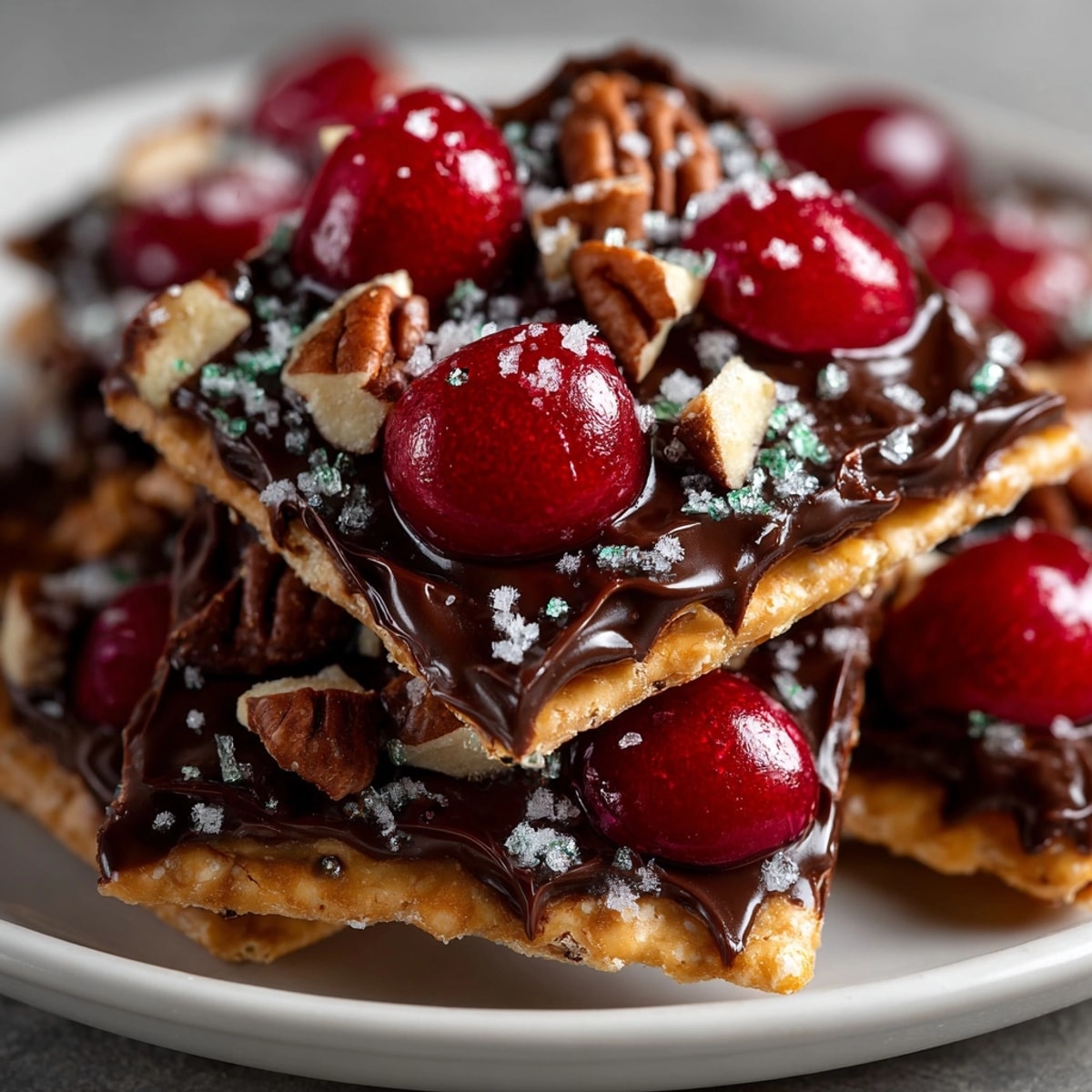 Cherry-Coded Chocolate Toffee Cracker Crunch: A close-up shows the rich chocolate topping the toffee and crackers, with cherries.
