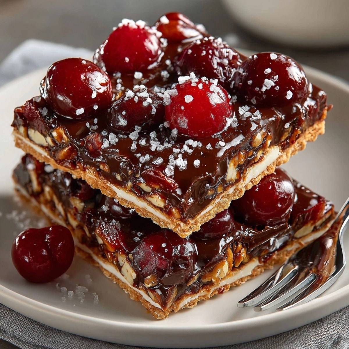 Look at that Cherry-Coded Chocolate Toffee Cracker Crunch! The image shows a layered dessert topped with vibrant red cherries.