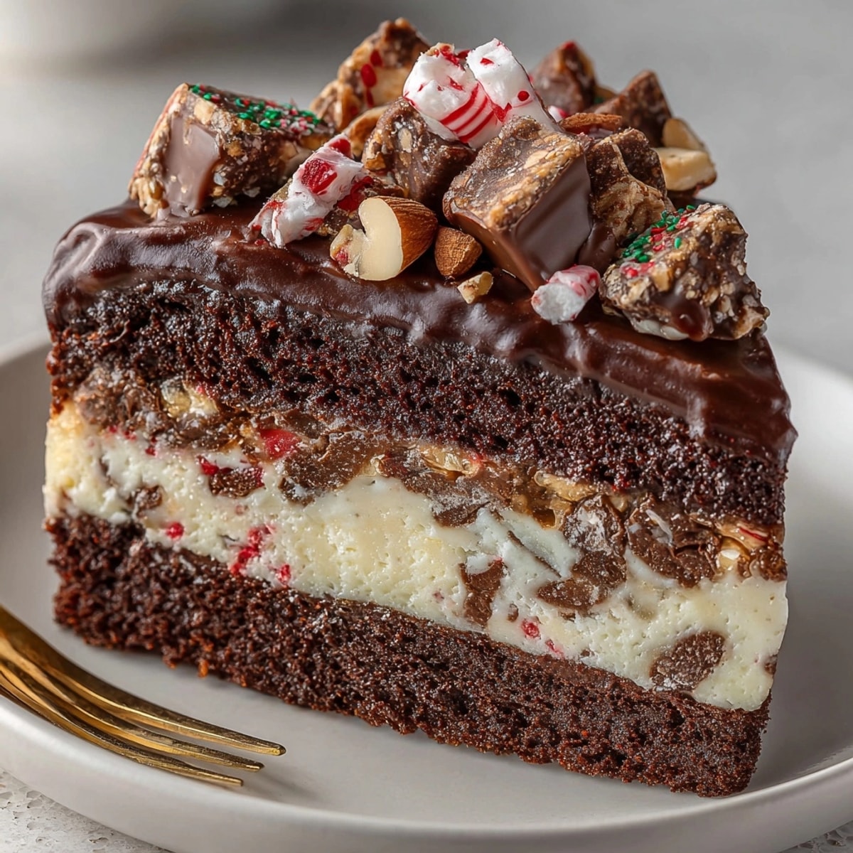 This delicious Chaos Cake Peppermint Cookie Brittle Bark shows layers of textures and tastes for dessert.