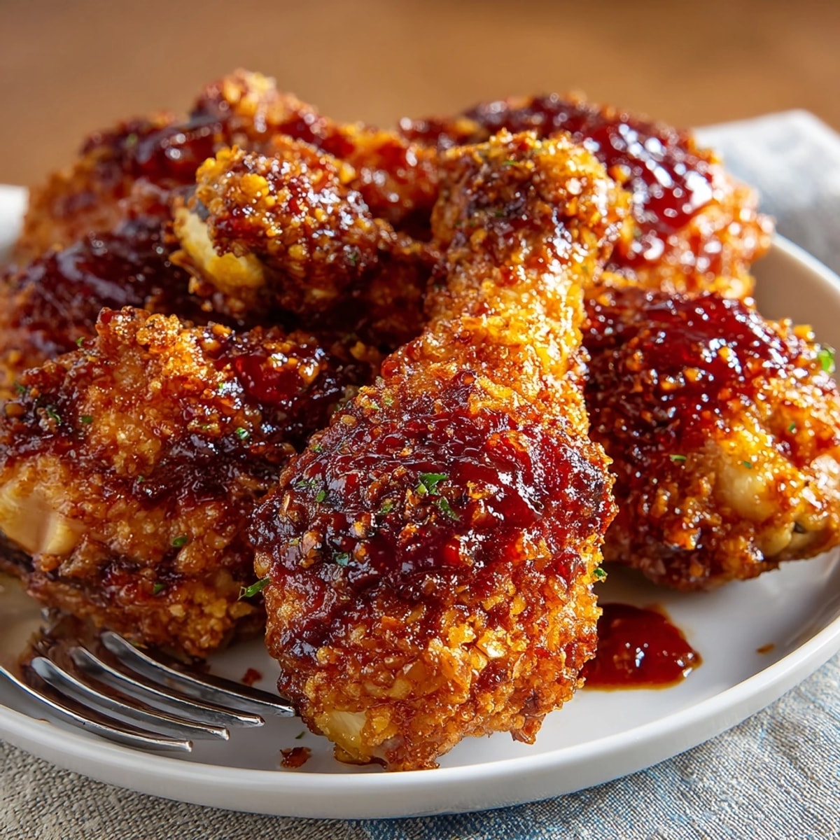 Close-up view of tender, glistening Cola BBQ Drumsticks, served with a crunchy cornflake crust.