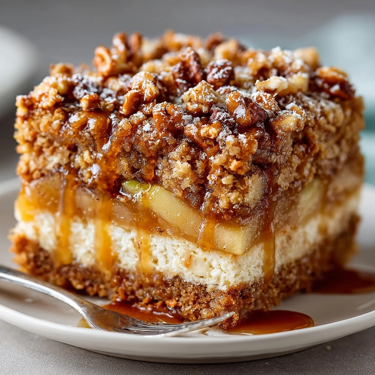 Golden-brown apple cider crumble crunch slab with bubbling apples and a crunchy topping.