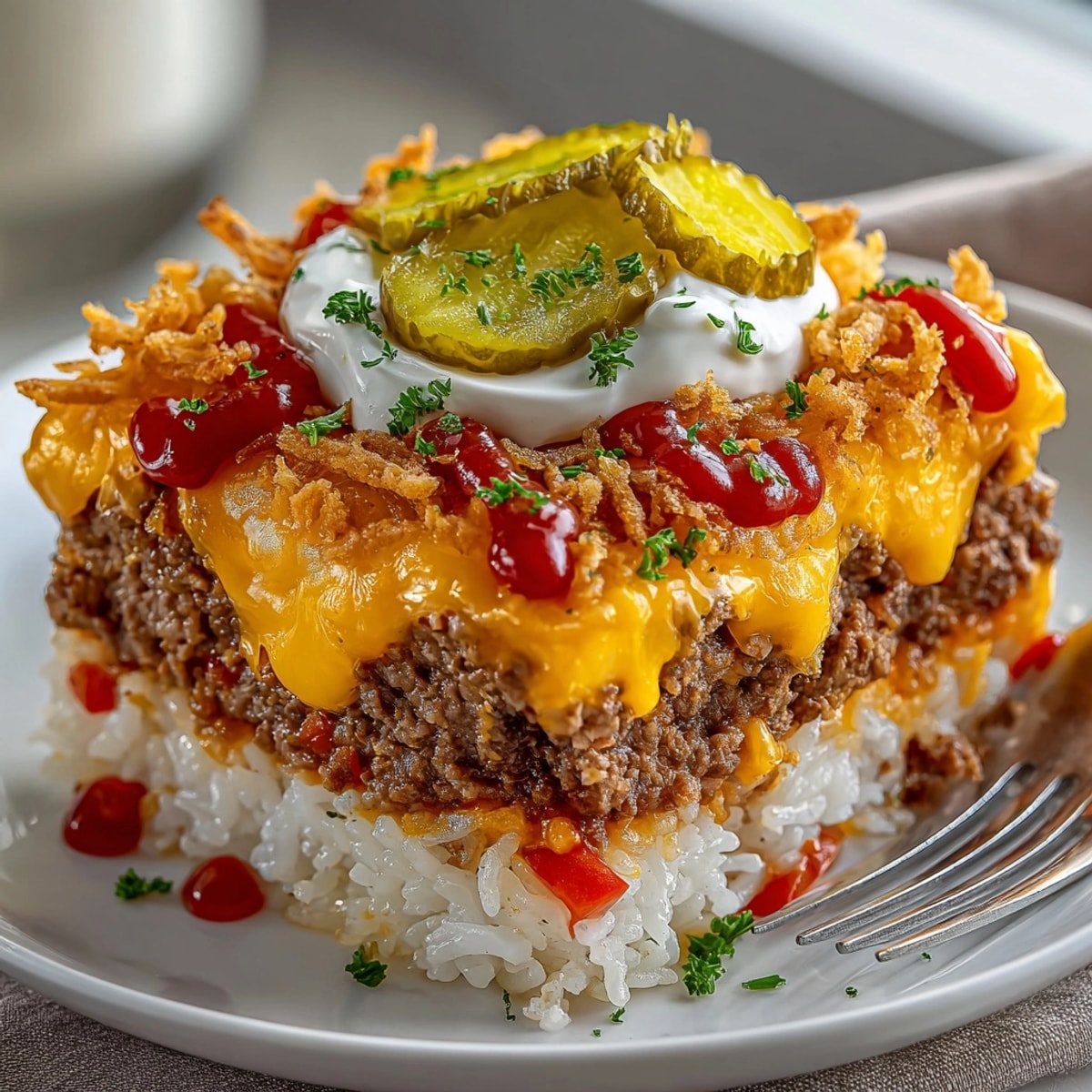 Sizzling Crispy Onion Cheeseburger Rice Bake, a hearty casserole with golden crispy onions.