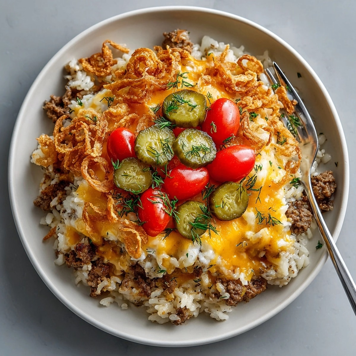Imagine a delicious Crispy Onion Cheeseburger Rice Bake, piled high with crispy onions and savory flavors.