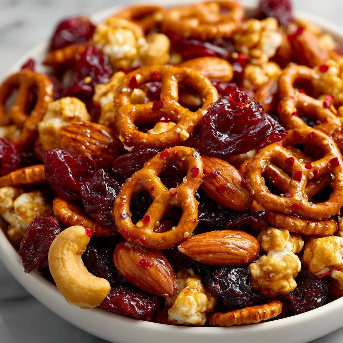 Golden-brown Cherry Hot Honey Pretzel Snack Mix glistening after baking, ready to be enjoyed.