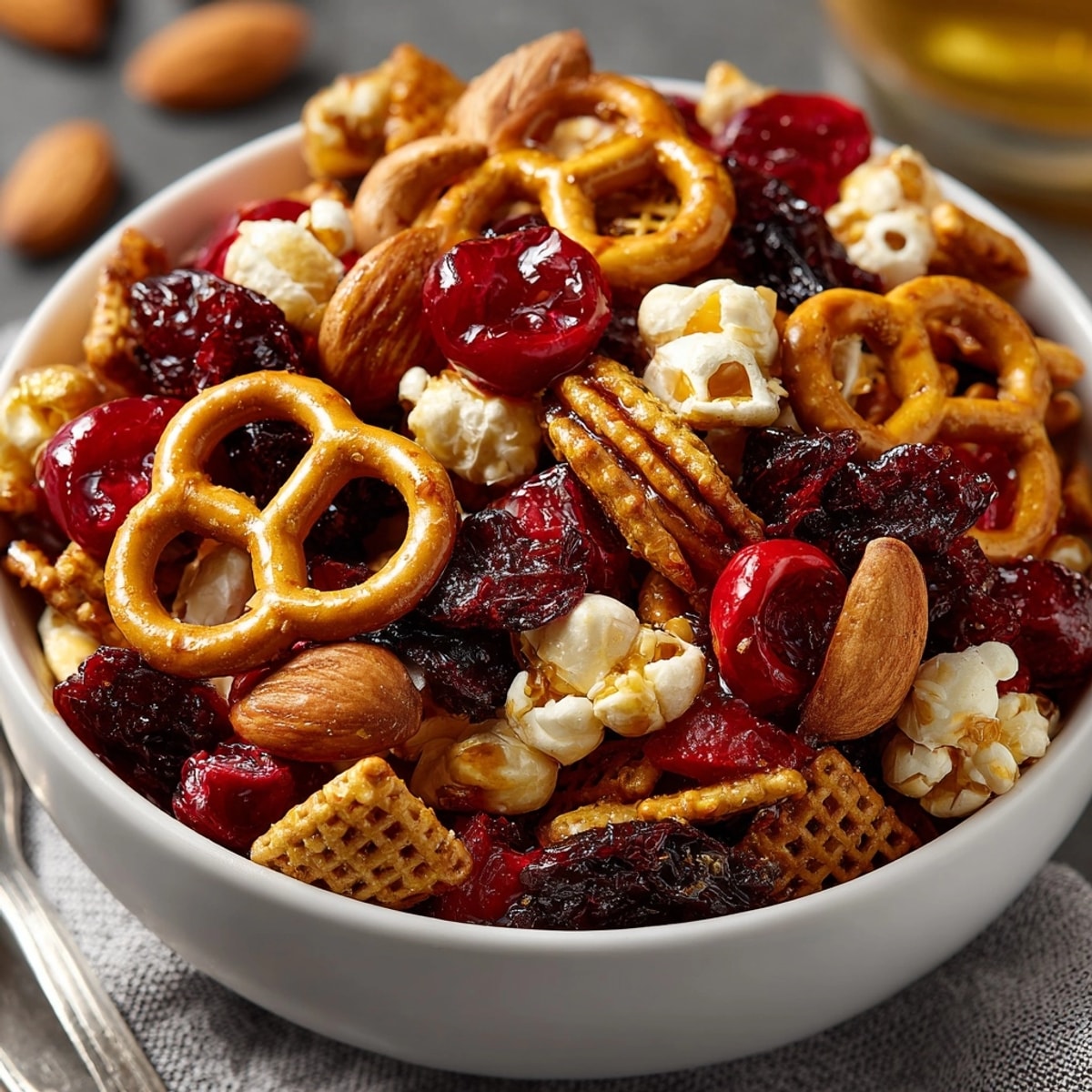 Close-up of a spicy, sweet, and salty Cherry Hot Honey Pretzel Snack Mix with visible ingredients.