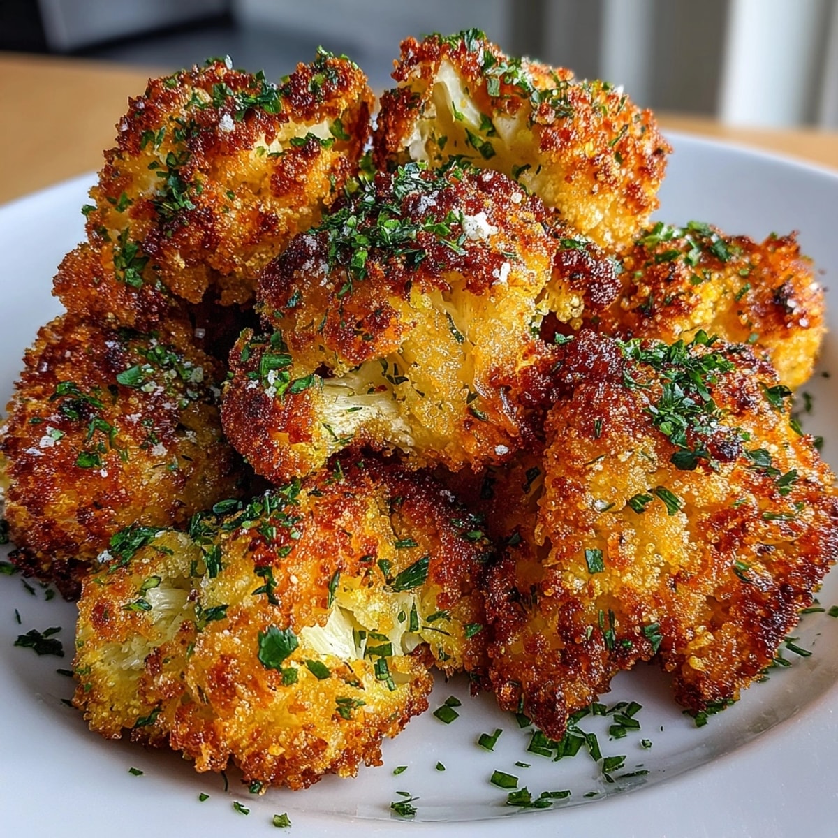 Golden-brown Dill Pickle Dust Cauliflower Bites, crispy from the air fryer and bursting with tangy flavor.
