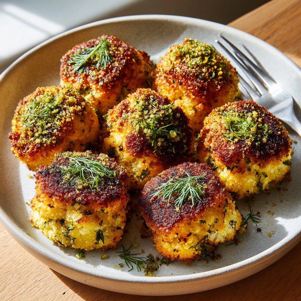 Freshly baked Dill Pickle Dust Cauliflower Bites, perfect for a shareable snack with a cool, creamy dip.
