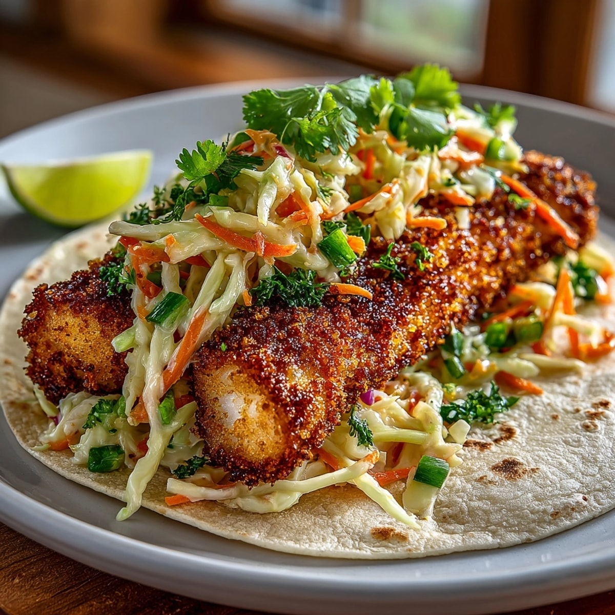 Golden-brown Crunchy Panko Fish Tacos with vibrant, creamy pickle slaw, ready to eat.