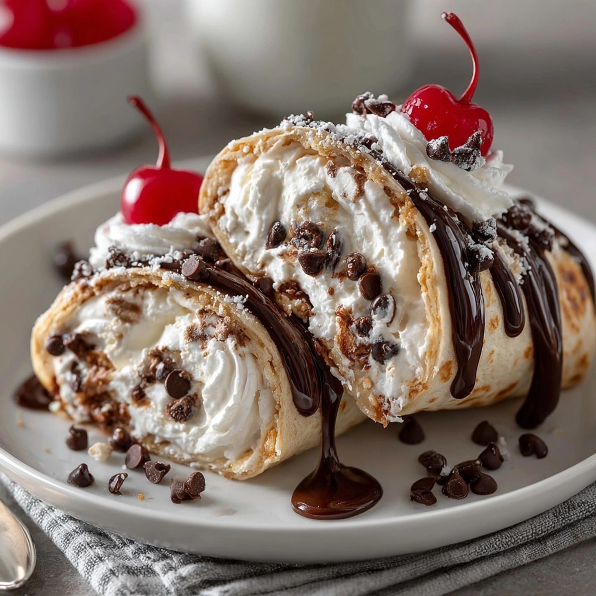 Rebel Root Beer Float Dessert Wraps, a delightful dessert, rolled with creamy vanilla ice cream and chocolate drizzle.