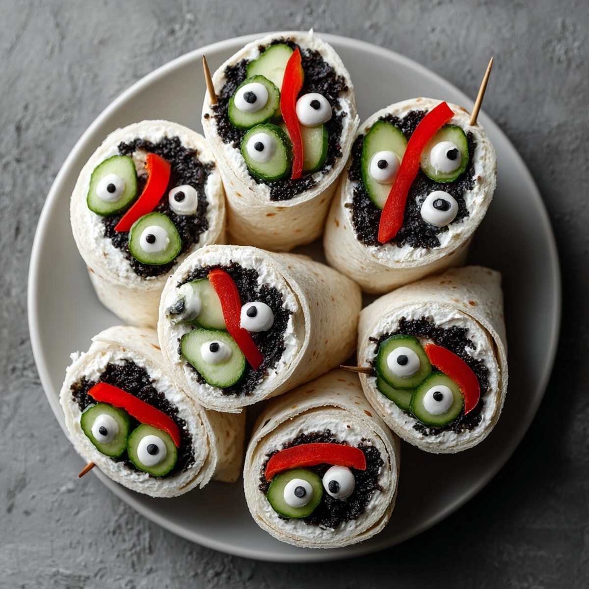 A close-up of several Spooky Black Olive Tapenade Wraps, with a colorful, festive presentation.