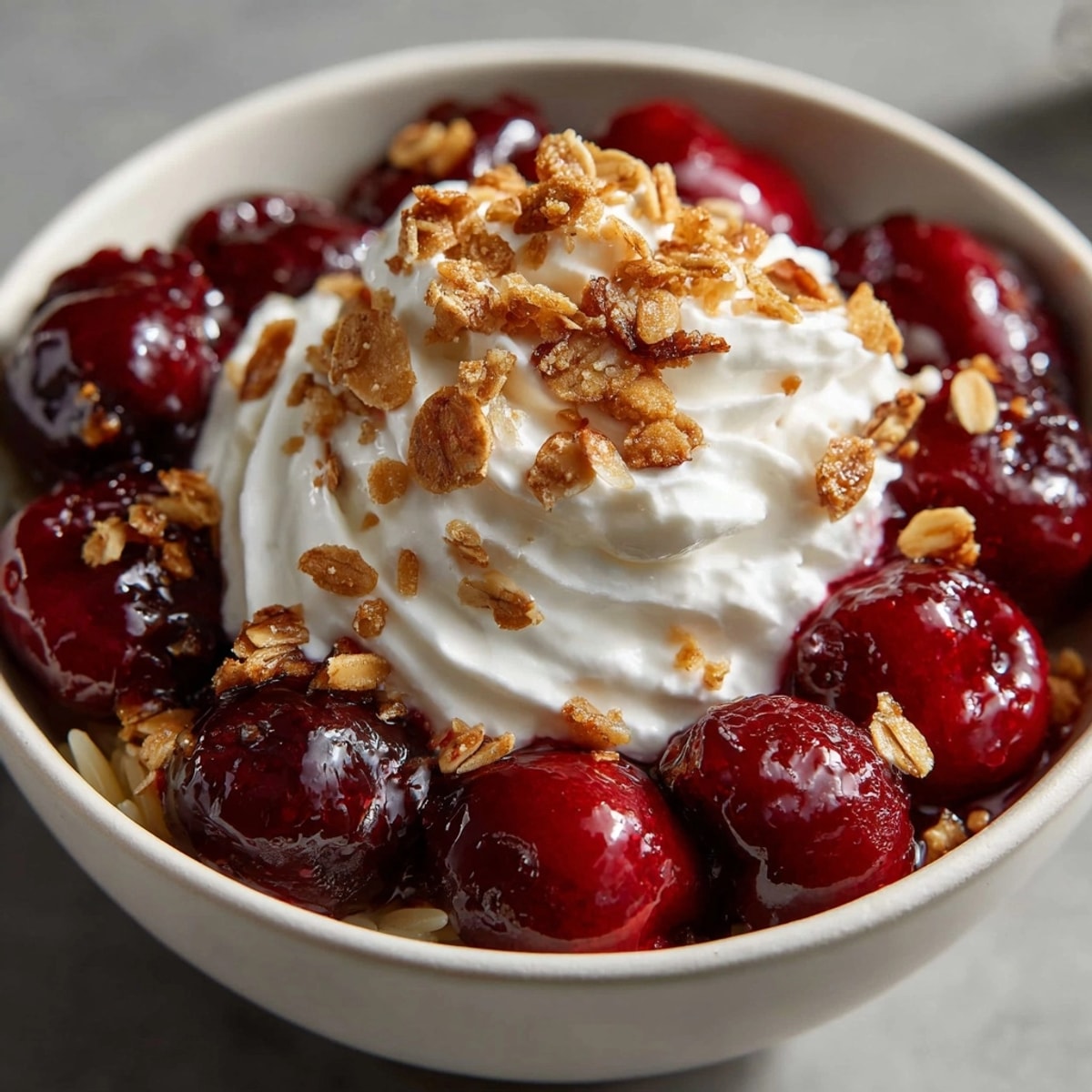Delectable close-up of a Cherry Pie Breakfast Pasta Bowl, featuring sweet cherries and creamy yogurt.