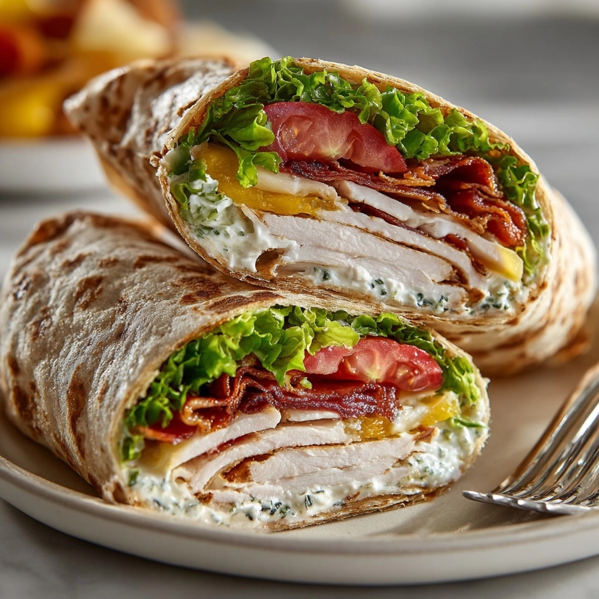 Pickle juice brined turkey club wraps bursting with juicy tomatoes and crisp bacon, ready to eat.