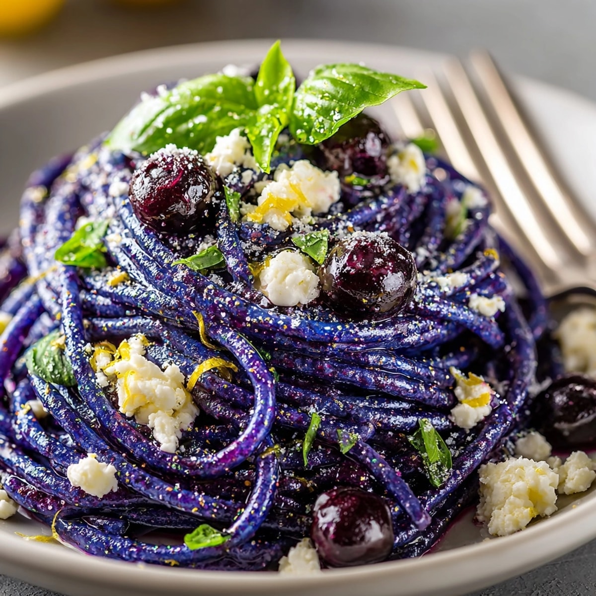 A plate of "Glow in the Dark" Halloween Blueberry Pasta, vibrant and spooky for a festive dinner.