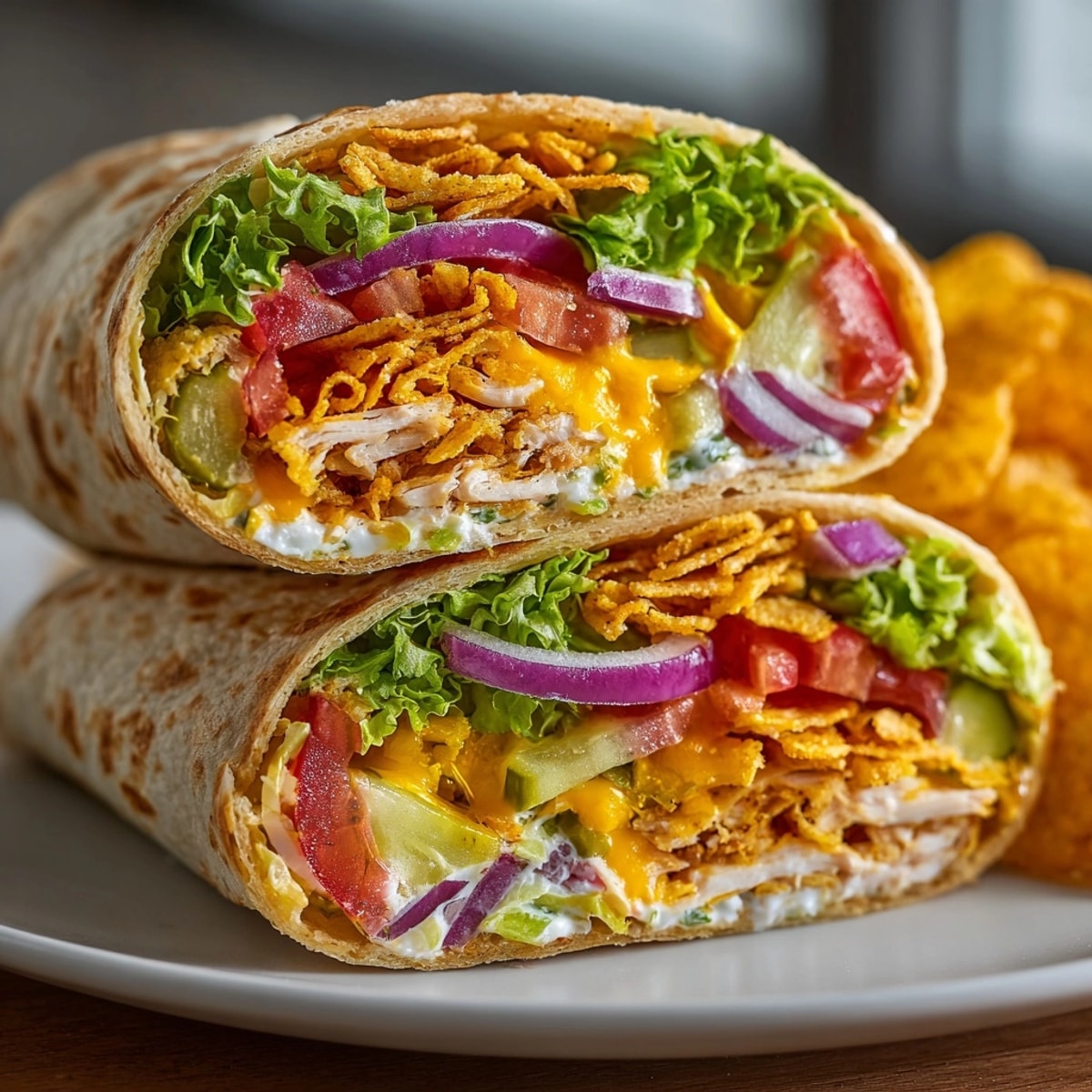 Crispy Dill Pickle Crunch Wraps feature layers of fresh veggies and creamy filling.