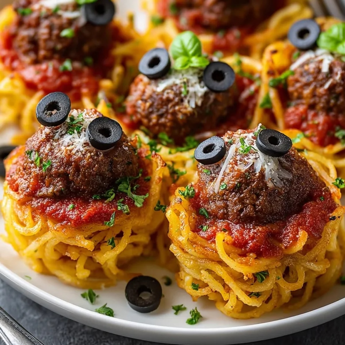 Savory Monster Mash Meatball Pasta, featuring meatballs tucked inside golden pasta nests, ready to eat.