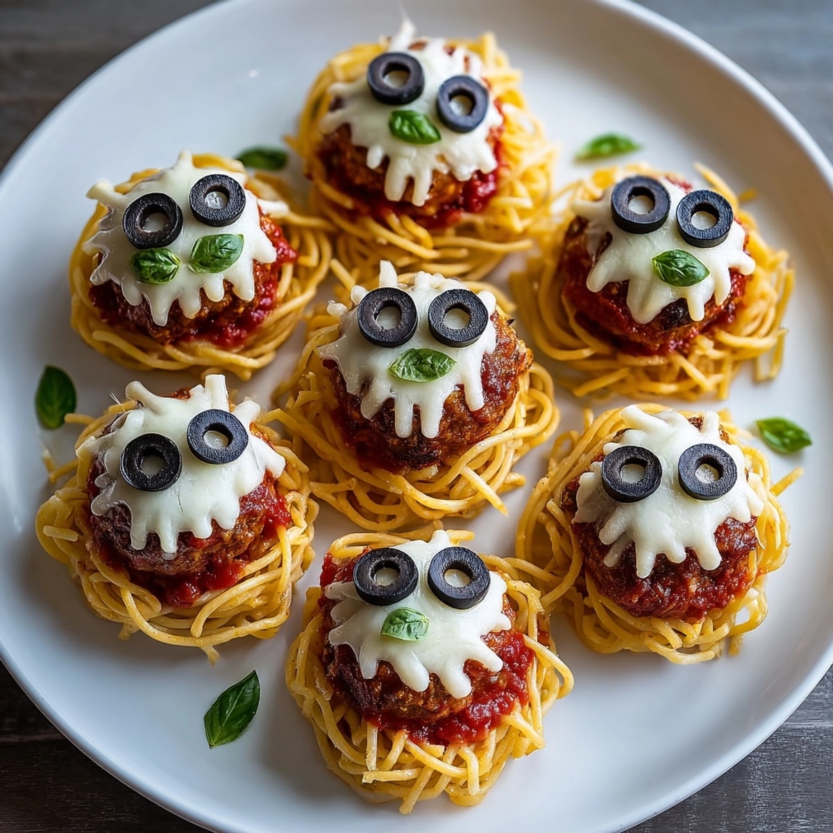 Delicious Monster Mash Meatball Pasta, garnished with olives, showing flavorful meatballs and appealing pasta nests.