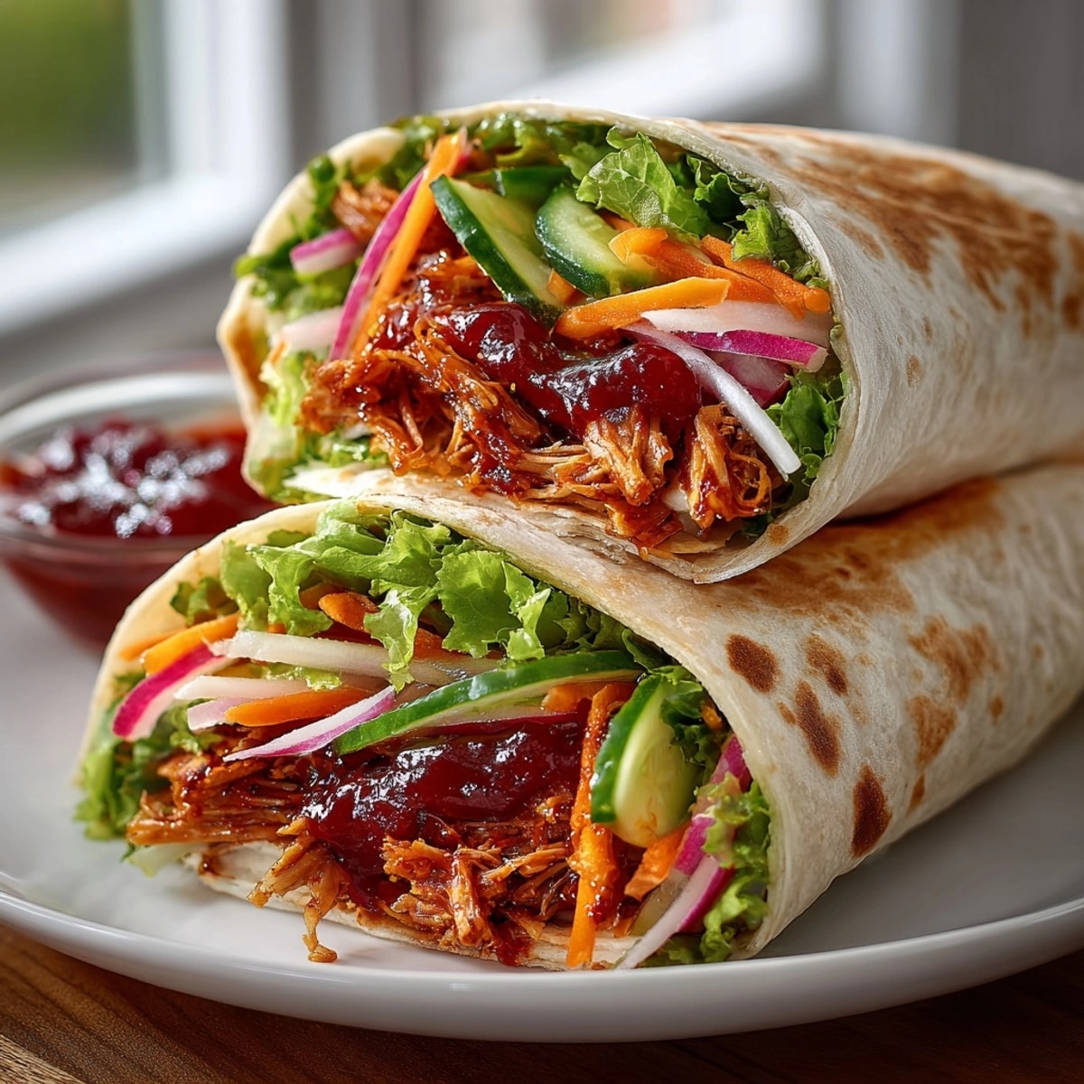 Vibrant image of cranberry BBQ pulled chicken wraps, filled with colorful vegetables and tasty chicken.