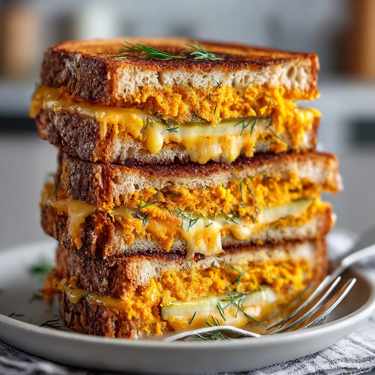 Golden, toasted Spicy Pumpkin Pickle Grilled Cheese oozing melted cheddar cheese and ready to eat.