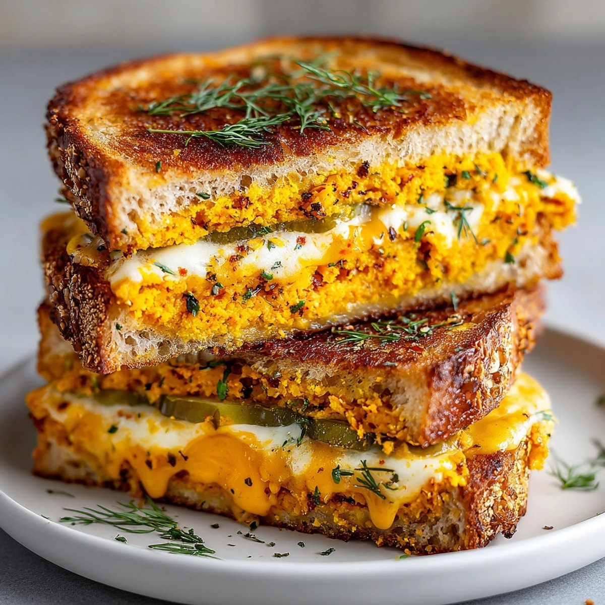 Crispy sourdough bread surrounds a warm Spicy Pumpkin Pickle Grilled Cheese with a melty cheese center.